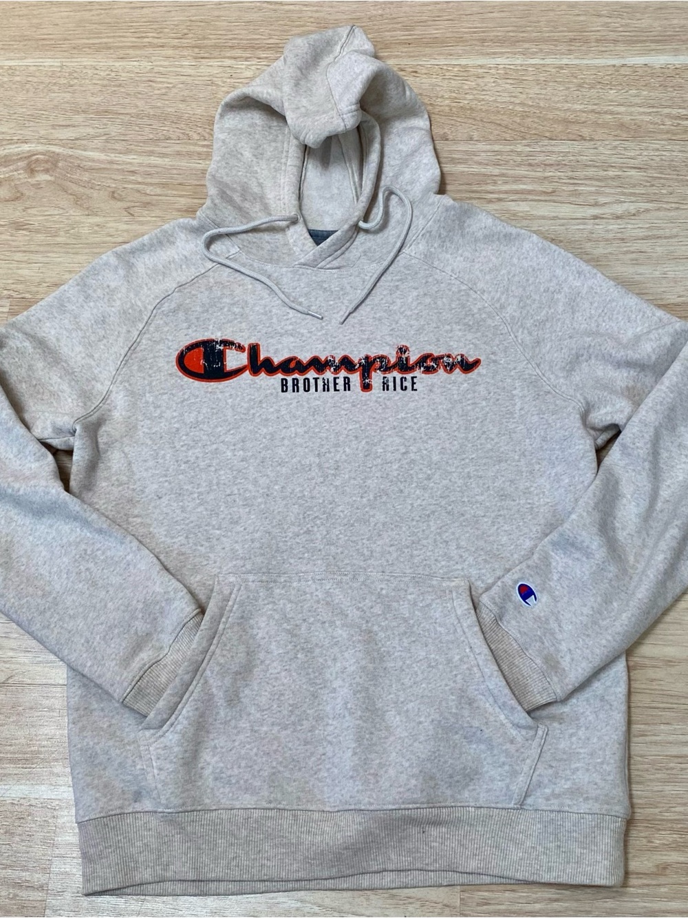 Champion Brother Rice Hoodie Men’s Medium Cream Catholic High School Sweatshirt